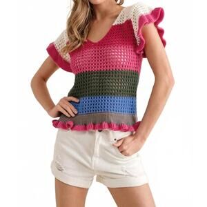 NEW BLUE B crochet ruffle knit sweater in pink